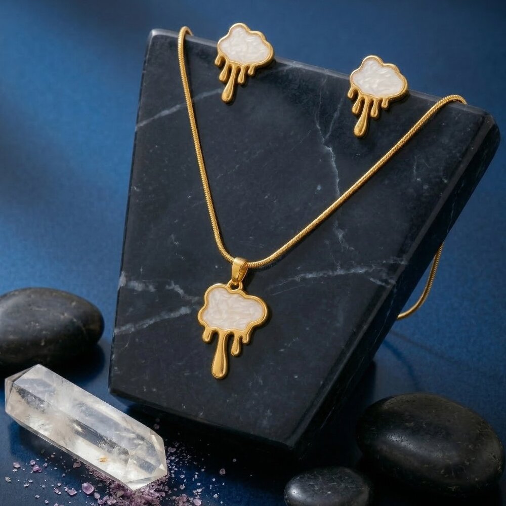 18k Gold Plated 316l Melted Cloud White Enamel Necklace And Earrings Jewelry Set 45$